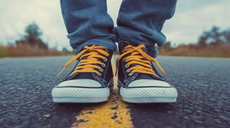 Man crouching to tie his shoelaces on black sneakers, standing on an asphalt road, preparing for an urban run, with focus on shoes and laces.の素材