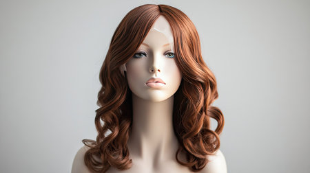 A mannequin head with a chestnut brown wig styled into loose curls for a natural appearance.の素材