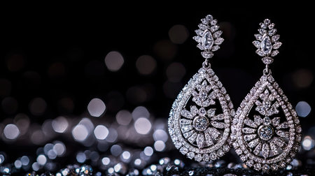 Radiant diamond earrings for women, isolated on a dark background, capturing intricate details and luxurious sparkle.の素材