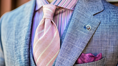 Close-up of a striped necktie, showing the fine fabric texture and classic knot, paired with a suit jacket for a refined look.の素材