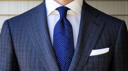 Man in a dark blue suit with a modern, stylish necktie, close-up of the neatly knotted tie against a crisp white shirt.の素材