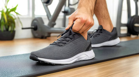 Man tying laces on his gym shoes in a bright workout room, with exercise equipment around, preparing for a fitness routine.の素材