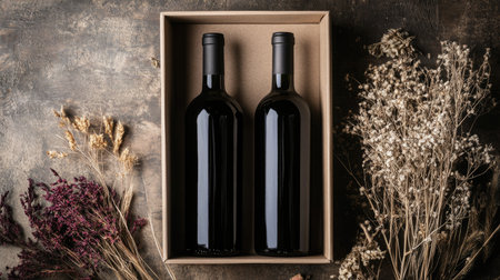 A minimalist gift box containing two wine bottles and a small bouquet of dried flowers on a rustic tableの素材