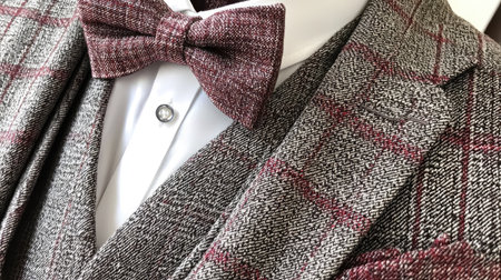 Silk bow tie in a close-up with a fitted suit jacket and crisp white shirt, showing the rich texture of luxury attire.の素材