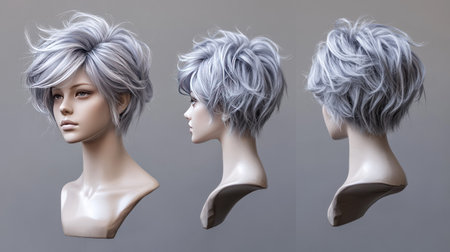 A mannequin head with a stylish, shaggy pixie-cut wig in platinum gray, shown from multiple angles.の素材