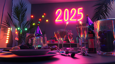 Modern '' in neon lights above a festive dinner table, with glasses and New Year party hats arranged for celebration.の素材