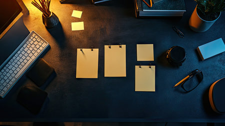 A modern detective board setup with blank notes pinned to a sleek black surface and subtle mood lighting.の素材