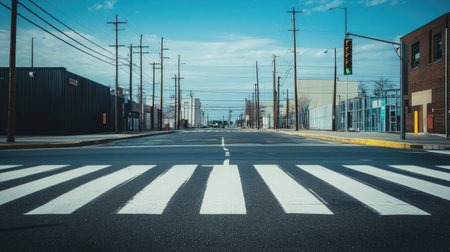 A minimalist zebra crossing on an industrial street, bordered by warehouses and utility poles.の素材
