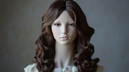 A mannequin head with a chestnut brown wig styled into loose curls for a natural appearance.の素材