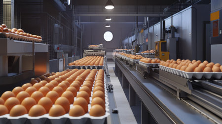 A modern egg-processing line with conveyors, sorting machines, and filled cartons in the background.の素材