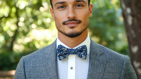 Silk bow tie in a close-up with a fitted suit jacket and crisp white shirt, showing the rich texture of luxury attire.の素材