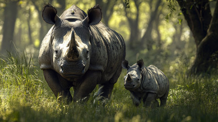 A mother Javan rhino with her calf, exploring a quiet forest clearing, surrounded by tall grass.の素材