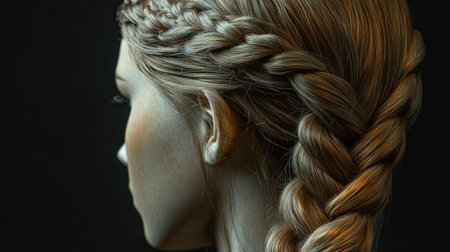A mannequin head with a braided long wig, the detail of the braids captured beautifully.の素材
