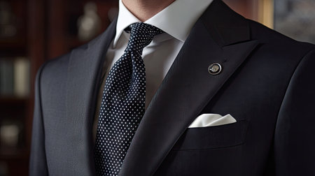 Man in a sleek dark suit and stylish patterned necktie, with a focus on the knot, fabric, and the elegance of formal attire.の素材
