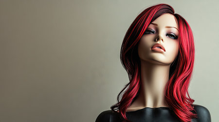 A mannequin head with a red ombre wig, placed against a neutral background for a modern look.の素材