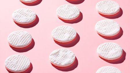 Cotton pads arranged in a pattern on a pink background, perfect for highlighting skincare and personal hygiene products.の素材