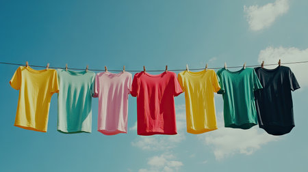 Colorful t-shirts and linens drying on a line, sky in the background, representing freshness and simplicity of outdoor drying.の素材