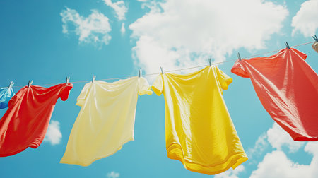 Colorful t-shirts and linens drying on a line, sky in the background, representing freshness and simplicity of outdoor drying.の素材