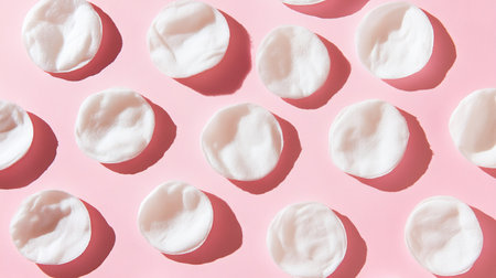 Cotton pads arranged in a pattern on a pink background, perfect for highlighting skincare and personal hygiene products.の素材