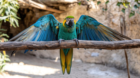 Colorful Macaw parrot on a branch, spreading its wings to display beautiful blue, green, and yellow feathers against a natural background.の素材