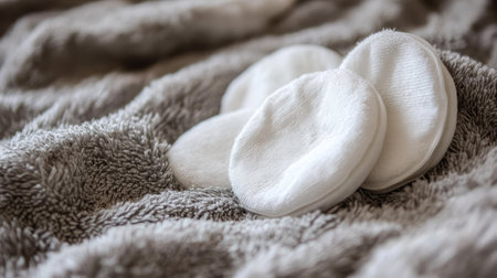 Cotton pads on a fluffy towel with skincare products, symbolizing comfort and softness in a beauty setup.の素材