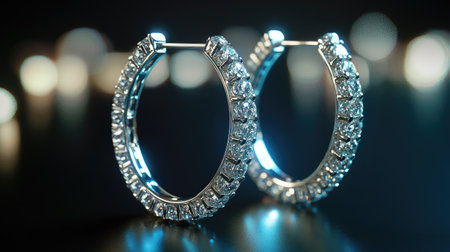 Dazzling women's diamond hoop earrings, glowing on a black background, highlighting luxury and refined design.の素材