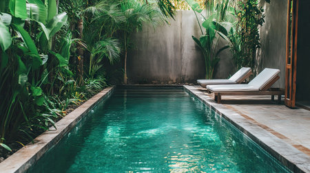 Crystal-clear pool at a minimalist villa, surrounded by tropical plants, white loungers, and sleek design elements, no people.の素材