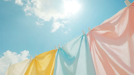 Freshly washed clothes of different colors on a clothesline with a sunny sky and white clouds, symbolizing cleanliness and freshness.の素材