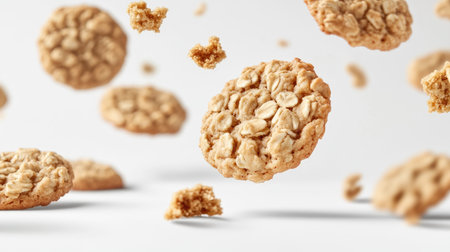 Golden oatmeal cookies tumbling through the air, isolated on white, emphasizing their crunchy, homemade appearance.の素材
