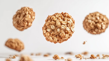 Crispy oatmeal cookies suspended mid-fall on a white background, crumbs and oats adding a delicious, fresh-baked feel.の素材