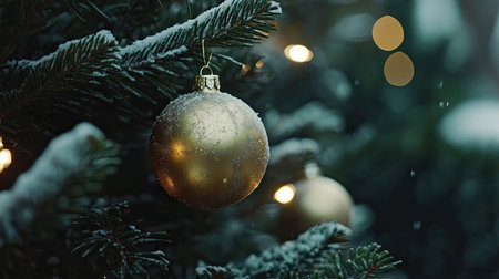Delicate ornaments and small lights on a Christmas tree, close-up capturing the warmth and magic of the holiday.の素材