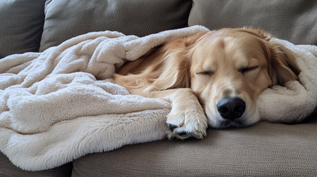 Dog snuggled up under a warm blanket on the couch, basking in the warmth, capturing a calm, cozy atmosphere.の素材