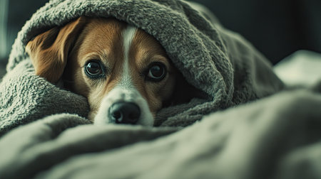Cute dog wrapped up in a warm blanket, lying on a bed with sleepy eyes, showcasing a cozy winter scene indoors.の素材