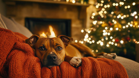 Dog lying on a couch, nestled under a blanket, enjoying warmth, and creating a heartwarming, cozy winter vibe.の素材