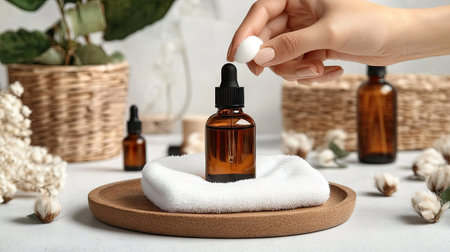 Cotton pad being used to apply a skincare serum, illustrating an essential step in beauty and facial care routines.の素材