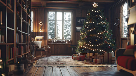 Festive Christmas tree with glowing lights in a cozy living room, surrounded by holiday decor and a warm holiday atmosphere.の素材
