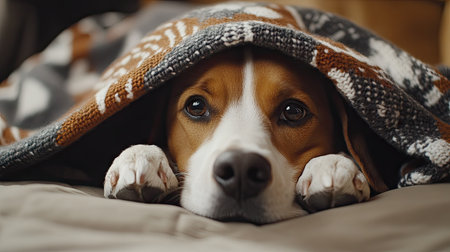 Dog lying under a cozy fleece blanket on a bed, with his head resting gently, showcasing warmth and relaxation.の素材
