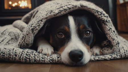 Dog lying under a knitted blanket on a cold day, looking cozy and content, highlighting warmth and indoor comfort.の素材