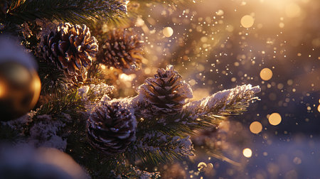 Festive Christmas tree with glossy baubles, pine cones, and tiny lights, focusing on seasonal detail and holiday spirit.の素材