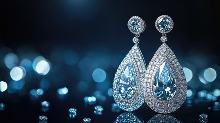 Exquisite diamond earrings on a dark background, showcasing perfect clarity, high-end design, and timeless elegance.の素材
