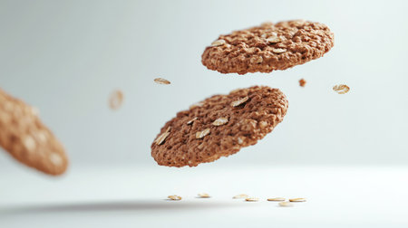 Falling oatmeal cookies against a white background, with crumbs and oats captured mid-air for a tasty effect.の素材