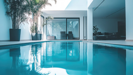 Luxurious swimming pool in a modern private villa, reflecting palm trees and contemporary architecture, with clear blue water and no people.の素材