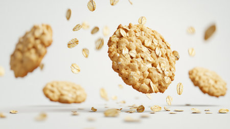 Falling oatmeal cookies against a white background, with crumbs and oats captured mid-air for a tasty effect.の素材
