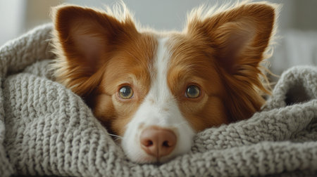 Fluffy dog peeking out from a warm blanket, eyes half-closed in a relaxed state, capturing a cozy winter scene indoors.の素材