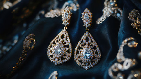 Elegant women's diamond earrings with a dark background, featuring intricate cuts and capturing the beauty of luxury jewelry.の素材