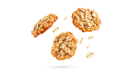 Golden oatmeal cookies tumbling through the air, with visible oats and crumbs, isolated on a crisp white background.の素材