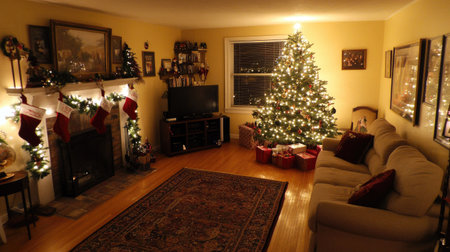 Festive living room with a Christmas tree, glowing lights, stockings, and holiday decorations creating a joyful holiday atmosphere.の素材