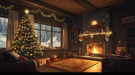 Festive living room scene with Christmas tree lights glowing, cozy blankets, and holiday decorations creating a joyful holiday ambiance.の素材