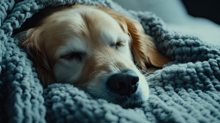 Fluffy dog cuddled under a cozy blanket, looking calm and warm, enjoying a lazy day indoors in winter.の素材