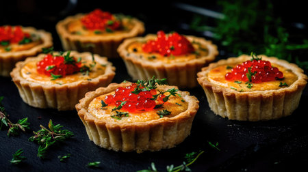 Golden tartlets topped with bright red caviar and herbs on a black background, creating a sophisticated and appetizing look.の素材